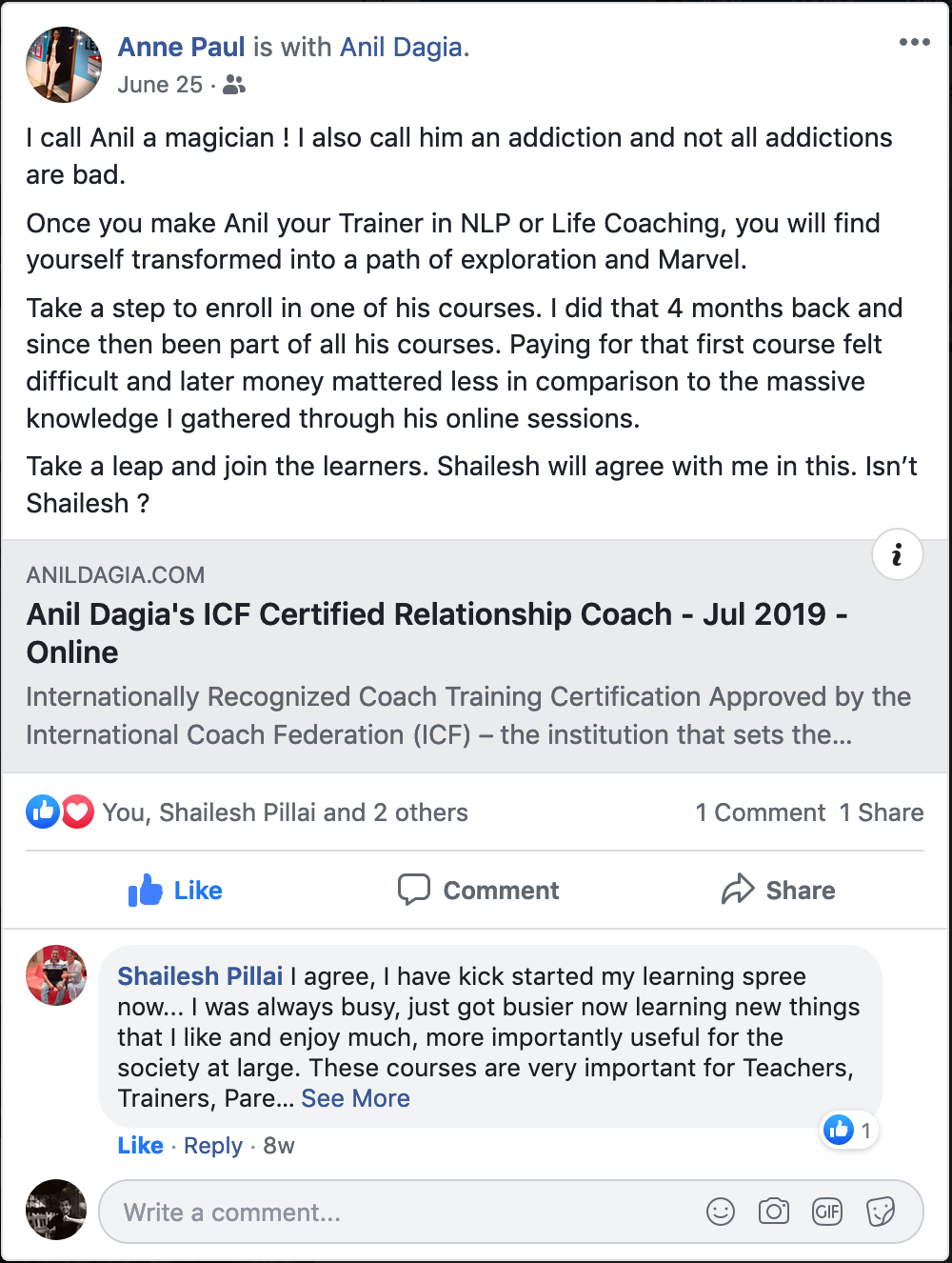 icf nlp pune mumbai anil dagia testimonial emotions mastery annepaul vemagiri